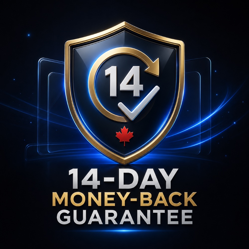 Gold and navy shield badge showing a 14-day money-back guarantee with Canadian maple leaf for risk-free IPTV streaming in Canada.