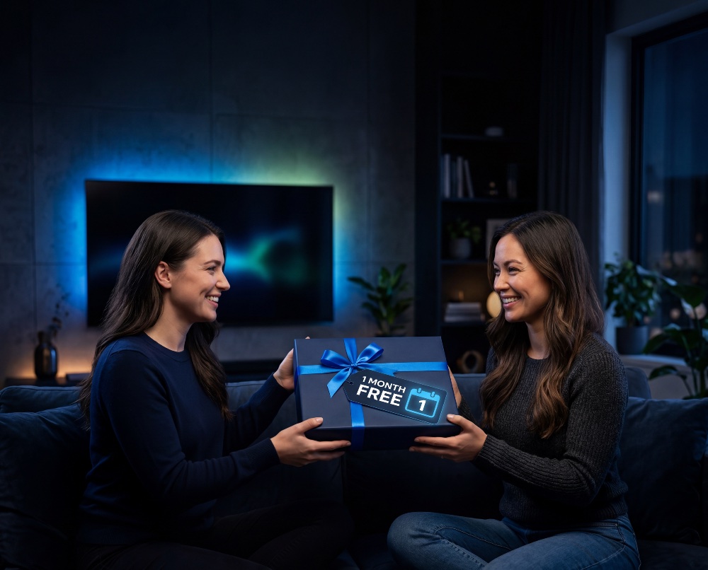 Two women sharing a gift box with a "1 Month Free" tag — give the gift of live Canadian IPTV streaming