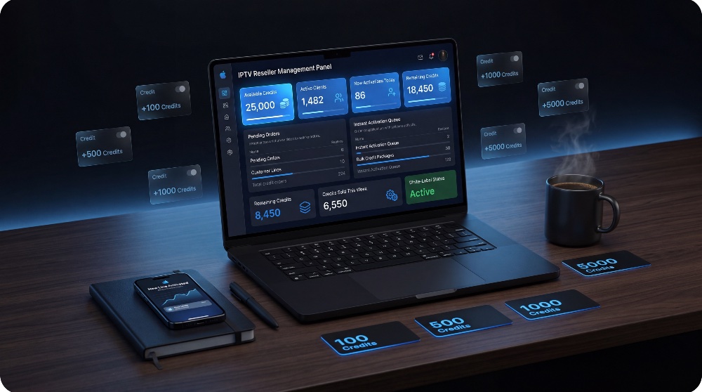 IPTV reseller management panel on laptop showing credits, active clients, and activations — start your Canadian IPTV reseller business today.