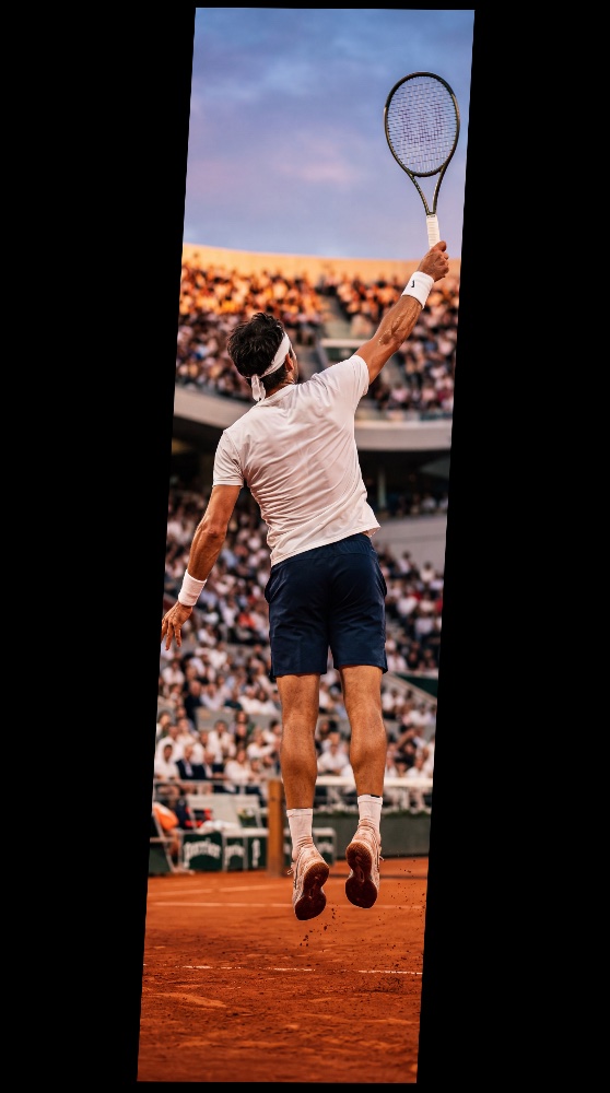 Tennis player leaping on a clay court, racket raised to serve before a packed stadium — watch live tennis in Canada with IPTV From Canada.