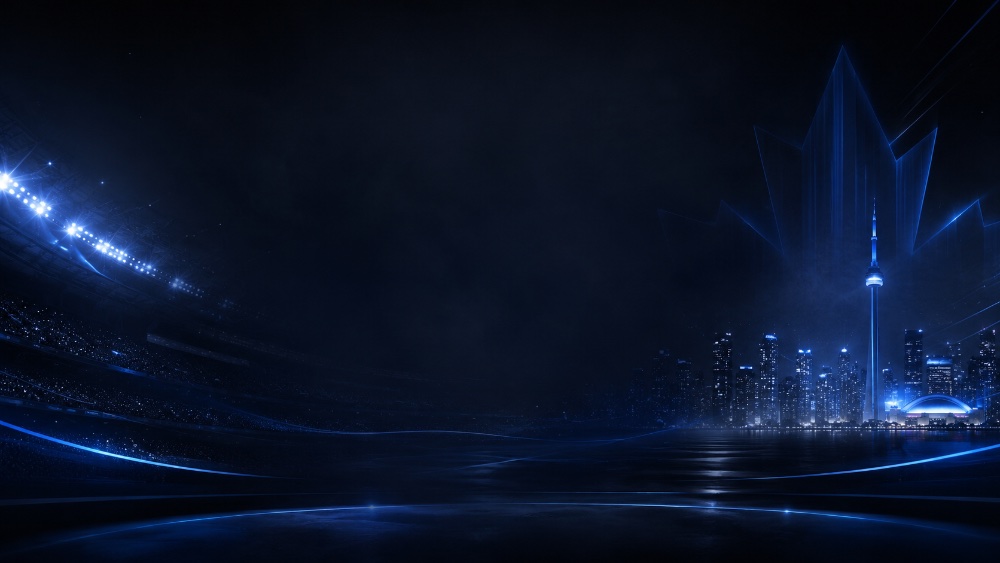Dramatic blue-lit sports stadium and Toronto CN Tower skyline at night, representing live sports streaming in Canada via IPTV.